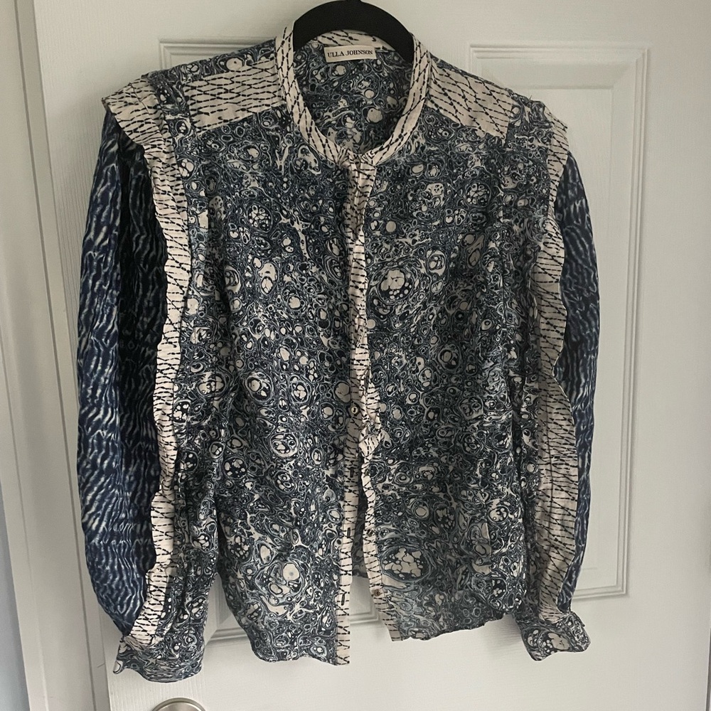 Ulla Johnson Nara blouse indigo print toe neck size 8 button up
